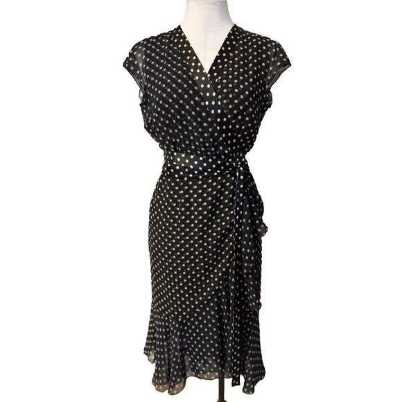 Etcetera Wrap Dress 6 Small Black Gold SILK Polka Dot Flutter Cap Sleeve - Picture 1 of 11